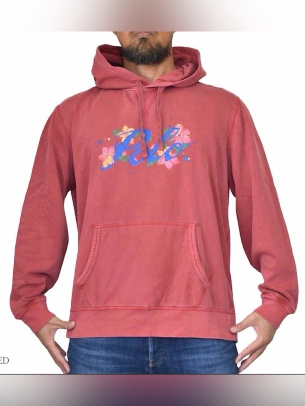 POLO Ralph Lauren Tropical painted Floral script Logo Fleece Hoodie Size Large